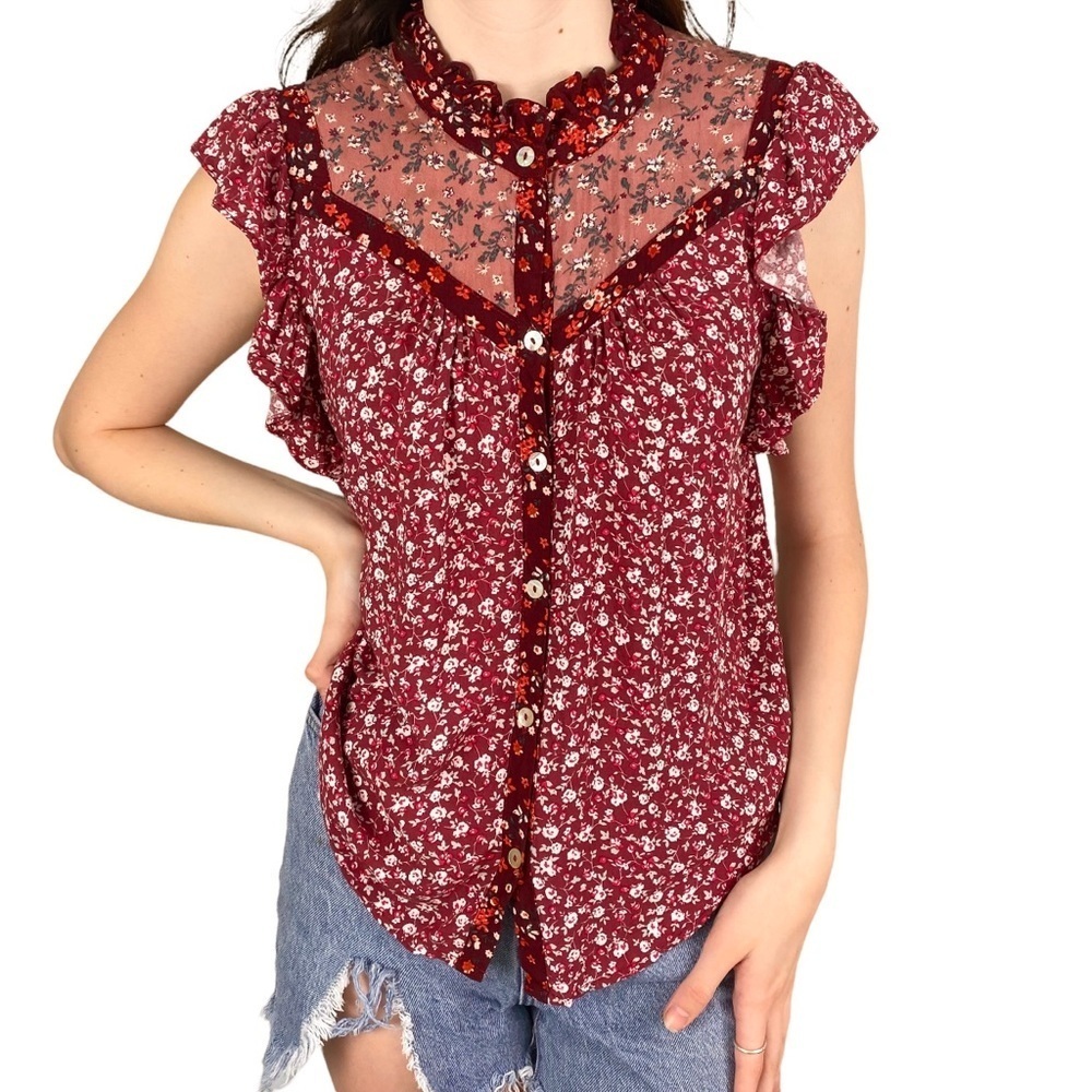 Womens Size Medium Prairie Cottagecore Blouse Ditsy Floral Ruffle Rayon Red Pink